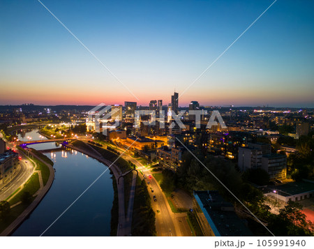 Beautiful night view of downtown Vilnius with lights and skyscrapers 105991940