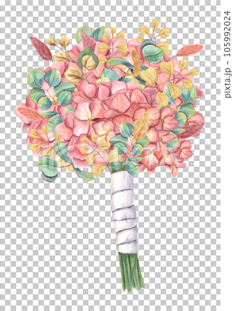 Bridal bouquet of hydrangea, eucalyptus, lagurus with white satin ribbon. Orange, yellow, terracotta, green colors. Composition isolated on white background. For wedding stationary, invitation 105992024