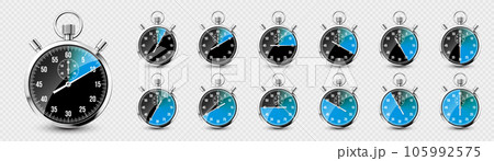 Realistic classic stopwatch. Shiny metal chronometer, time counter with dial. Blue countdown timer showing minutes and seconds. Time measurement for sport, start and finish. Vector illustration Realistic classic stopwatch. Shiny metal chronometer, time counter with dial. Blue countdown timer showing minutes and seconds. Time measurement for sport, start and finish. Vector illustration 105992575