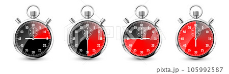 Realistic classic stopwatch. Shiny metal chronometer, time counter with dial. Red countdown timer showing minutes and seconds. Time measurement for sport, start and finish. Vector illustration 105992587