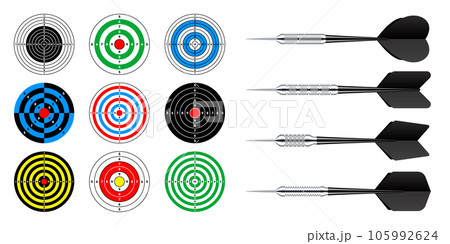 Paper targets with dart arrows. Shooting range round target, divisions, marks and numbers. Gun shooting practise and training, sport competition, hunting. Bullseye and aim. Vector illustration 105992624