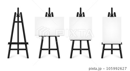 Realistic paint desk with blank white canvas. Black wooden easel and a sheet of drawing paper. Presentation board on a tripod. Artwork mockup, template. Vector illustration 105992627