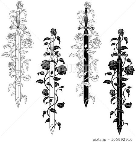 Ancient sword surrounded by rose plant Ancient sword surrounded by rose plant 105992916