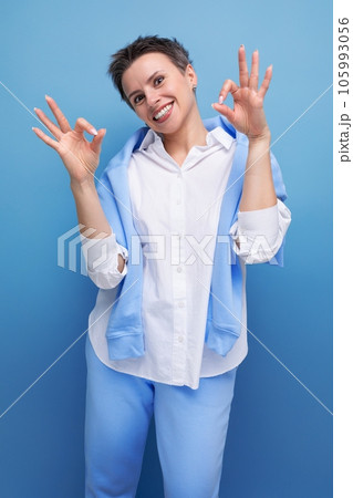 funny authentic brunette woman with short haircut in stylish clothes funny authentic brunette woman with short haircut in stylish clothes 105993056