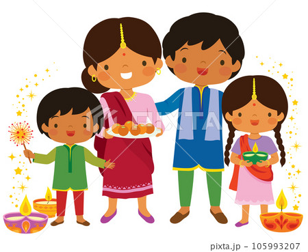 Diwali with the family. Indian family celebrating Diwali with oil lamps, a sparkler, and traditional sweets. 105993207