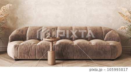 Japandi boho beige interior with sofa and dry plant background. Light modern australian livingroom. Horizontal banner panoramic background. 3d rendering mockup. High quality 3d illustration Japandi boho beige interior with sofa and dry plant background. Light modern australian livingroom. Horizontal banner panoramic background. 3d rendering mockup. High quality 3d illustration 105993817