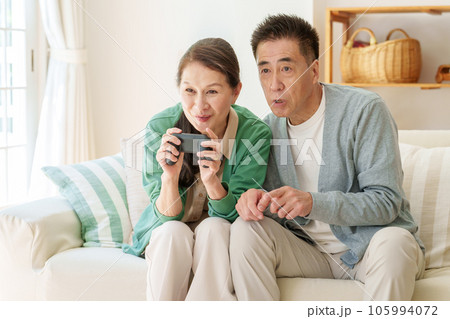 リビングでテレビゲームを楽しむシニア夫婦 105994072