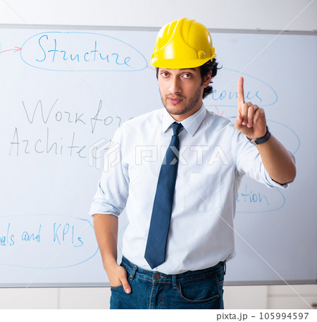 Young male architect in front of the whiteboard Young male architect in front of the whiteboard 105994597