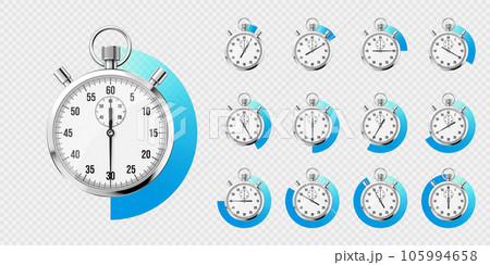 Realistic classic stopwatch. Shiny metal chronometer, time counter with dial. Blue countdown timer showing minutes and seconds. Time measurement for sport, start and finish. Vector illustration 105994658