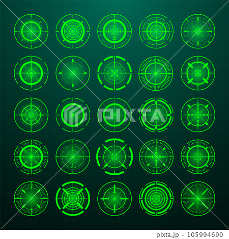 Crosshair, gun sight vector icons. Bullseye, black target or aim symbol. Military rifle scope, shooting mark sign. Targeting, aiming for a shot. Archery, hunting and sports shooting. Game UI element. Crosshair, gun sight vector icons. Bullseye, black target or aim symbol. Military rifle scope, shooting mark sign. Targeting, aiming for a shot. Archery, hunting and sports shooting. Game UI element. 105994690