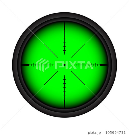 Weapon night sight, sniper rifle optical scope. Hunting gun viewfinder with crosshair. Aim, shooting mark symbol. Military target sign, silhouette. Game interface UI element. Vector illustration Weapon night sight, sniper rifle optical scope. Hunting gun viewfinder with crosshair. Aim, shooting mark symbol. Military target sign, silhouette. Game interface UI element. Vector illustration 105994751
