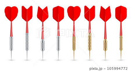 Red dart arrows with metal tip and shadow. Dart throwing sport game, dartboard equipment. Vector illustration 105994772