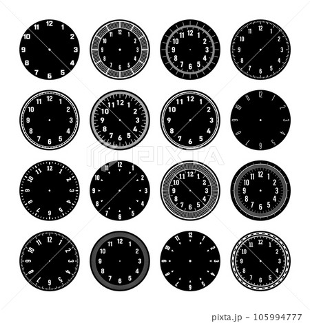 Mechanical clock faces, watch dial with numerals, bezel. Timer or stopwatch element with minute, hour marks and numbers. Blank measuring circle scale with divisions. Vector illustration Mechanical clock faces, watch dial with numerals, bezel. Timer or stopwatch element with minute, hour marks and numbers. Blank measuring circle scale with divisions. Vector illustration 105994777