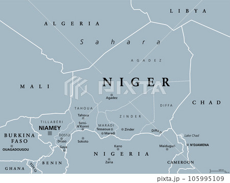 Niger, landlocked country in West Africa, gray political map with borders, regions, capital Niamey and largest cities. The Republic of the Niger, a unitary state. Most of its area lies in the Sahara. 105995109