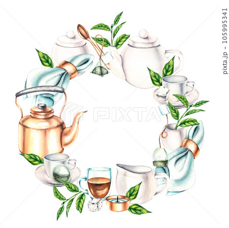Watercolor frame made of utensils for tea drinking with a tea plant on a white background 105995341