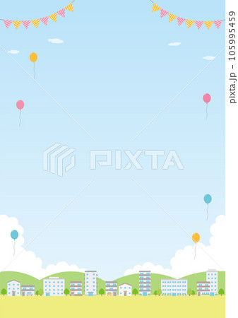 風船が飛ぶ緑がある街の風景のイラスト_縦_3 風船が飛ぶ緑がある街の風景のイラスト_縦_3 105995459