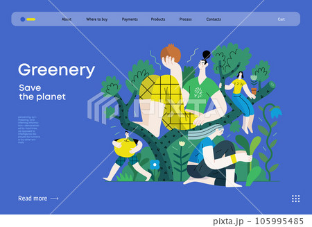 Greenery, ecology -modern flat vector concept illustration of people on a tree, surrounded by plants. Metaphor of environmental sustainability and protection, closeness to nature 105995485