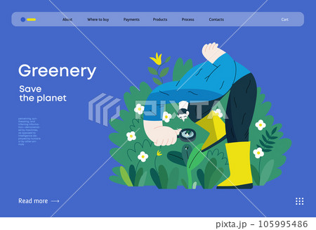 Greenery, ecology -modern flat vector concept illustration of a man in plants, looking at the bug through the lens. Metaphor of environmental sustainability and protection, closeness to nature 105995486