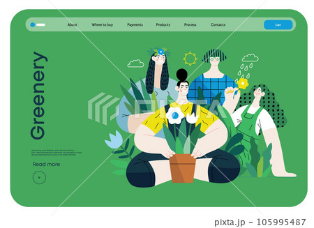 Greenery, ecology -modern flat vector concept illustration of people surrounded by plants and flowers. Metaphor of environmental sustainability and protection, closeness to nature 105995487