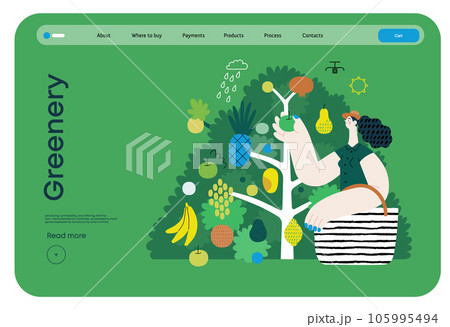 Greenery, ecology -modern flat vector concept illustration of a woman gathering fruit from the 40 fruit tree. Metaphor of environmental sustainability and protection, closeness to nature 105995494