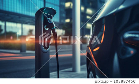 EV car power charging. electric vehicle with electric connector. generative AI 105997450