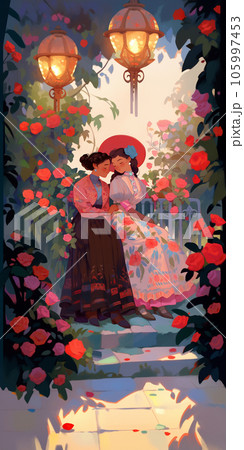 Two women dressed in embroidered vintage dresses spend an intimate moment on an antique garden bench surrounded by blooming rose bushes. They are in love with each other. 105997453