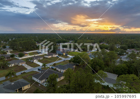 Aerial landscape view of suburban private houses between green palm trees in Florida quiet rural area at sunset 105997695