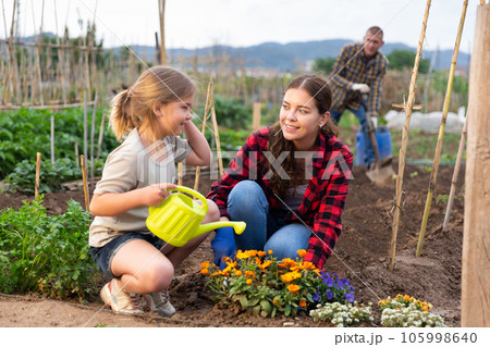 Positive child with her mother caring for flowers at a garden Positive child with her mother caring for flowers at a garden 105998640