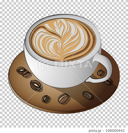 Latte art on coffee cup and coffee beans isolated cartoon design on transparent background, creative art beverage clipart element	 106000442
