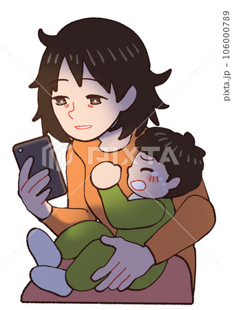 夜泣きする赤ちゃんに疲れてスマホをみるお母さん 106000789