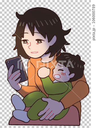 夜泣きする赤ちゃんに疲れてスマホをみるお母さん 106000789