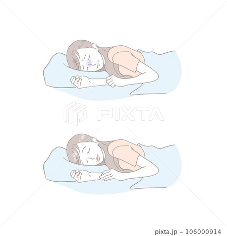 布団で寝る女性の比較イメージイラスト 布団で寝る女性の比較イメージイラスト 106000914