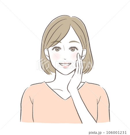 頬を触りながら肌の潤いに喜ぶ女性 頬を触りながら肌の潤いに喜ぶ女性 106001231