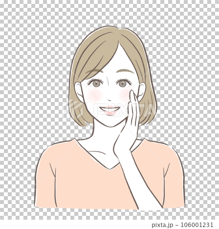頬を触りながら肌の潤いに喜ぶ女性 頬を触りながら肌の潤いに喜ぶ女性 106001231