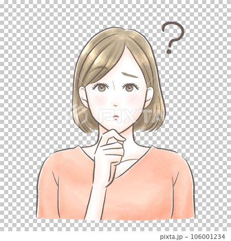 一個女人把手放在下巴上,心存疑慮,水彩風格 一個女人把手放在下巴上,心存疑慮,水彩風格 106001234