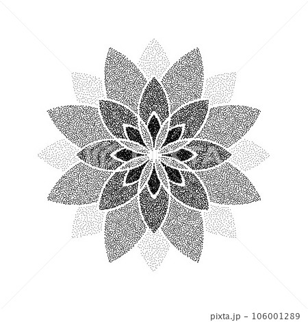 Stipple flower background. Dotted ornament mandala. Noise grain star shape. Abstract black floral petals decoration. Dotwork radial pattern design for tattoo, poster, clothes, badge, sticker. Vector 106001289
