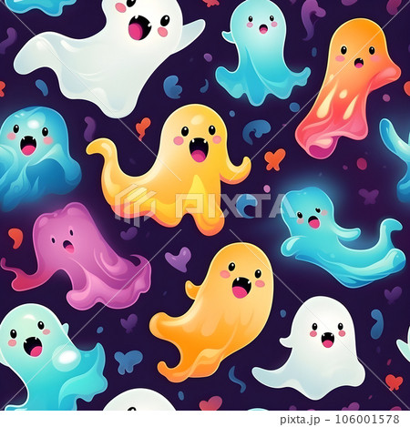 Seamless pattern Friendly Ghosts group of playful colorful cute ghosts ,Generative AI tools 106001578
