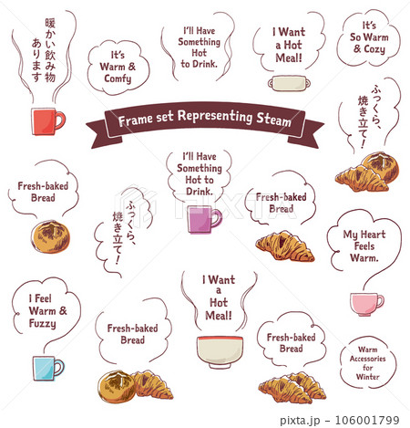 湯気・蒸気・におい・煙の手描きイラストセット　色付き　文字あり 106001799
