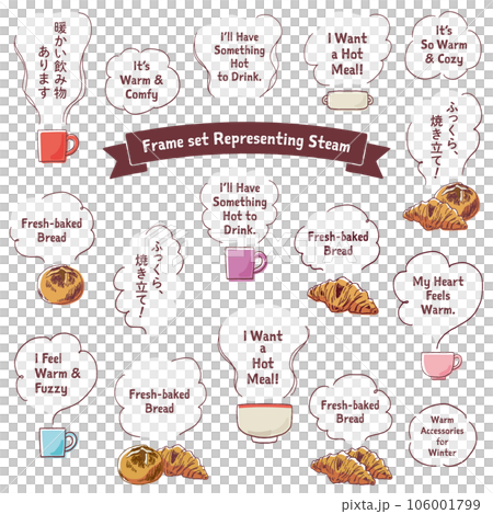 湯気・蒸気・におい・煙の手描きイラストセット　色付き　文字あり 106001799