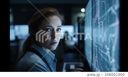 画面・スクリーンを見ながらデータ分析をする女性（Generative AI） 106001900