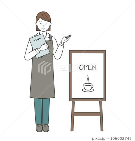 カフェの看板の前のメニューを持った女性店員 106002743