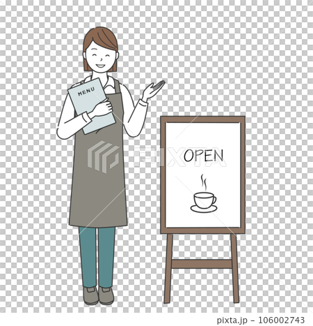 カフェの看板の前のメニューを持った女性店員 106002743