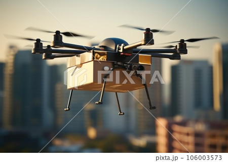 Transportation drone delivery box on city sky. Transportation drone delivery box on city sky. 106003573