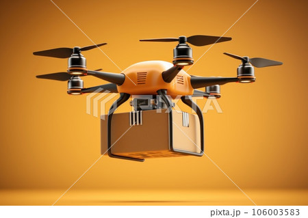 Drone trasportato delivery hang a box on yellow background. Drone trasportato delivery hang a box on yellow background. 106003583