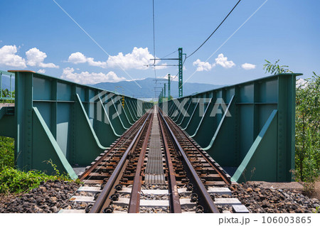 山に向かって真っすぐに伸びる線路　 106003865