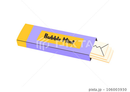 Chewing bubble gum sticks in a package. Bubble mint gum 80s, 90s, childhood nostalgia. Candy bubble. Gummy stick. 106003930