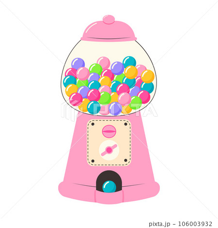 Chewing gum machine. Old fashioned gumball machine. Cartoon candy or bubble gum dispenser. 80s, 90s childhood nostalgia. 106003932