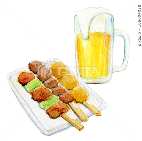 水彩イラスト　生ビールと焼き鳥の晩酌メニュー 106004028