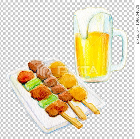 水彩イラスト　生ビールと焼き鳥の晩酌メニュー 106004028