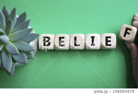 Belief symbol. Concept word Belief on wooden cubes. Businessman hand. Beautiful green background with succulent plant. Business and Belief concept. Copy space. Belief symbol. Concept word Belief on wooden cubes. Businessman hand. Beautiful green background with succulent plant. Business and Belief concept. Copy space. 106004878